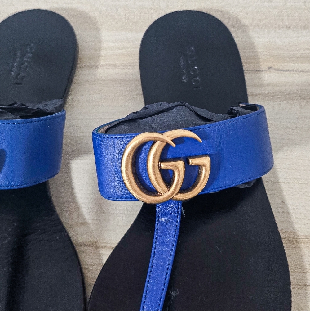 Gucci GG Marmont Calfskin Leather Thong Sandals In Electric Blue Size 37 - Picture 7 of 14